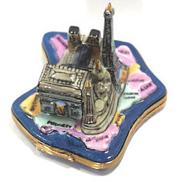 French Limoges Box, Paris Monuments on Map of France