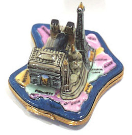 French Limoges Box, Paris Monuments on Map of France