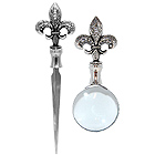 Fleur de Lis Letter Opener and Magnifying Glass Set - Pewter