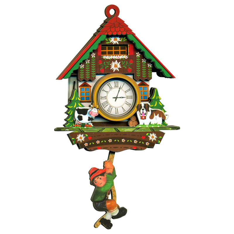 Cuckoo Clock with a beautiful design featuring a cow, dog and a boy swingin...