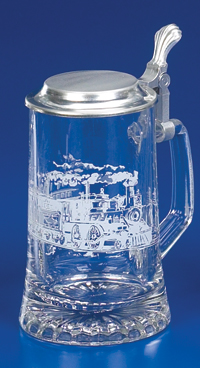 Glass Beer Stein with Pewter Lid - Railroad, 7-1/4H