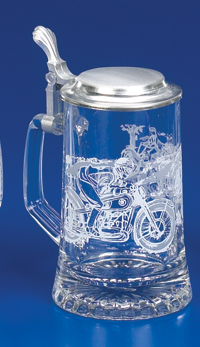 Glass Beer Stein with Pewter Lid - Motorcycle, 7-1/4H