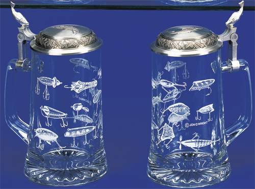 Glass Beer Stein with Pewter Lid - Fishing Lures, 7-1/4