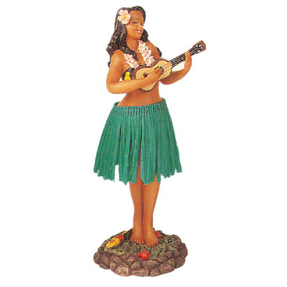 Hawaiian Dashboard Hula Doll Playing Ukulele - Green Skirt , 7H