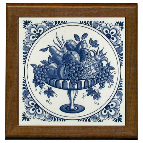 Tile with Frame, Delft Blue Fruit Platter with Fancy Border, 7.5