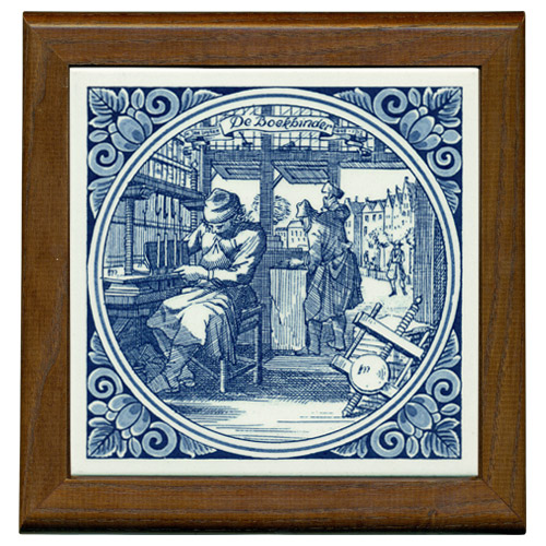 Tile with Frame, Delft Blue Boeckbinder / Bookbinder, 7.5