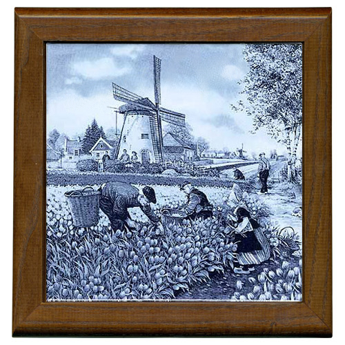 Tile with Frame, Delft Blue Tulip Pickers, 7.5