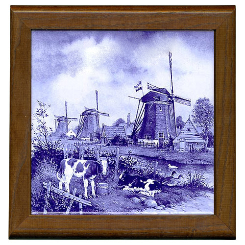 Tile with Frame, Delft Blue Three Windmills, 7.5