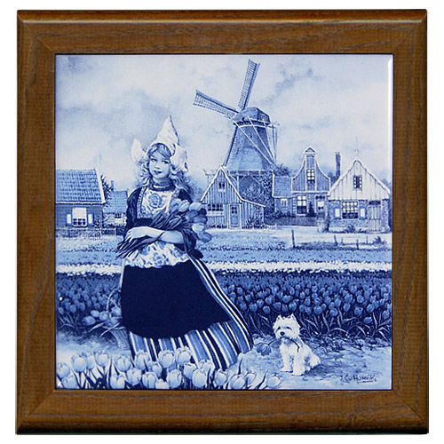 Tile with Frame, Delft Blue Tulip Girl, 7.5