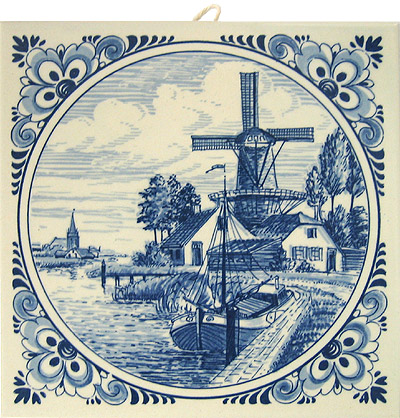 Delft Blue Tile - Dutch Windmill and Sailboat, 6
