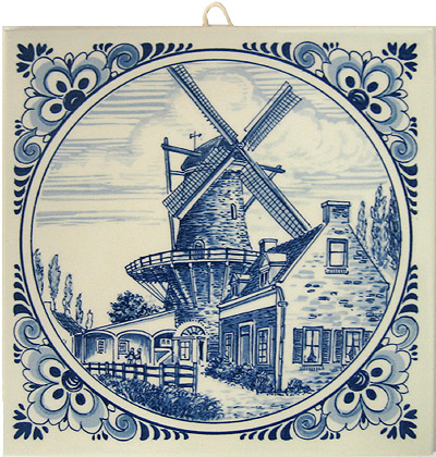 Delft Blue Tile - Large Windmill & Village House, 6