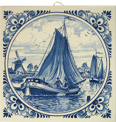 Delft Blue Tile, Windmill Scene with Fancy Border, 6
