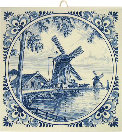 Delft Blue Tile - Dutch Windmill Scene with Drain Mills along the Bank, 6