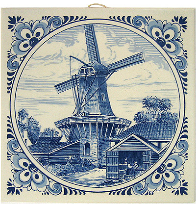 Delft Blue Tile - Dutch Windmill Scene with Large Windmill, 6