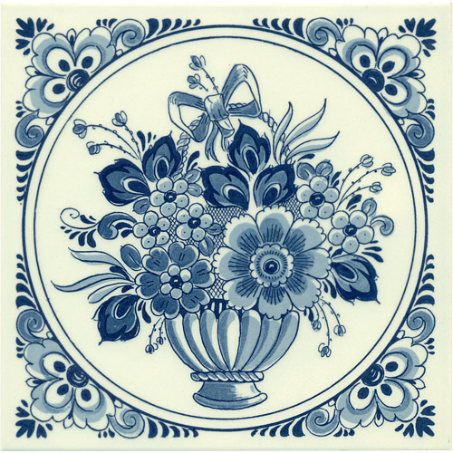 Flower with Bow, Dutch Delft Tile 6