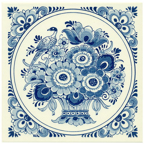 Flower with Bird, Dutch Delft Tile 6