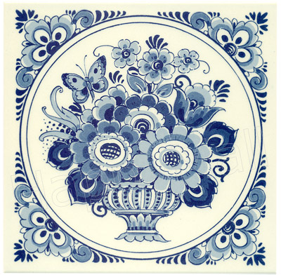 Flower with Butterfly, Dutch Delft Tile 6