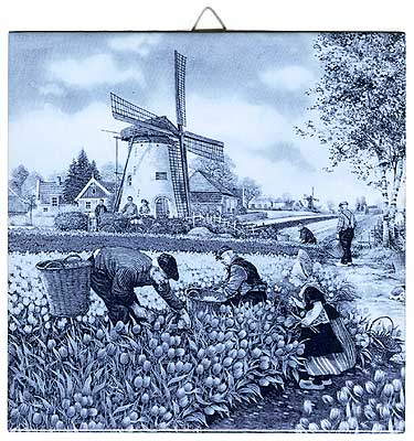 Dutch Tile, Delft Blue Tulip Pickers