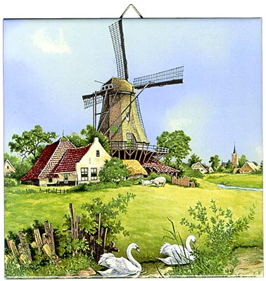 Dutch Tile, Color Windmill with Swans, 6