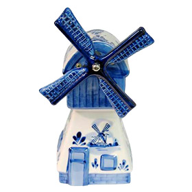 Dutch Delft Blue Windmill, Music Box w/ Turning Blades