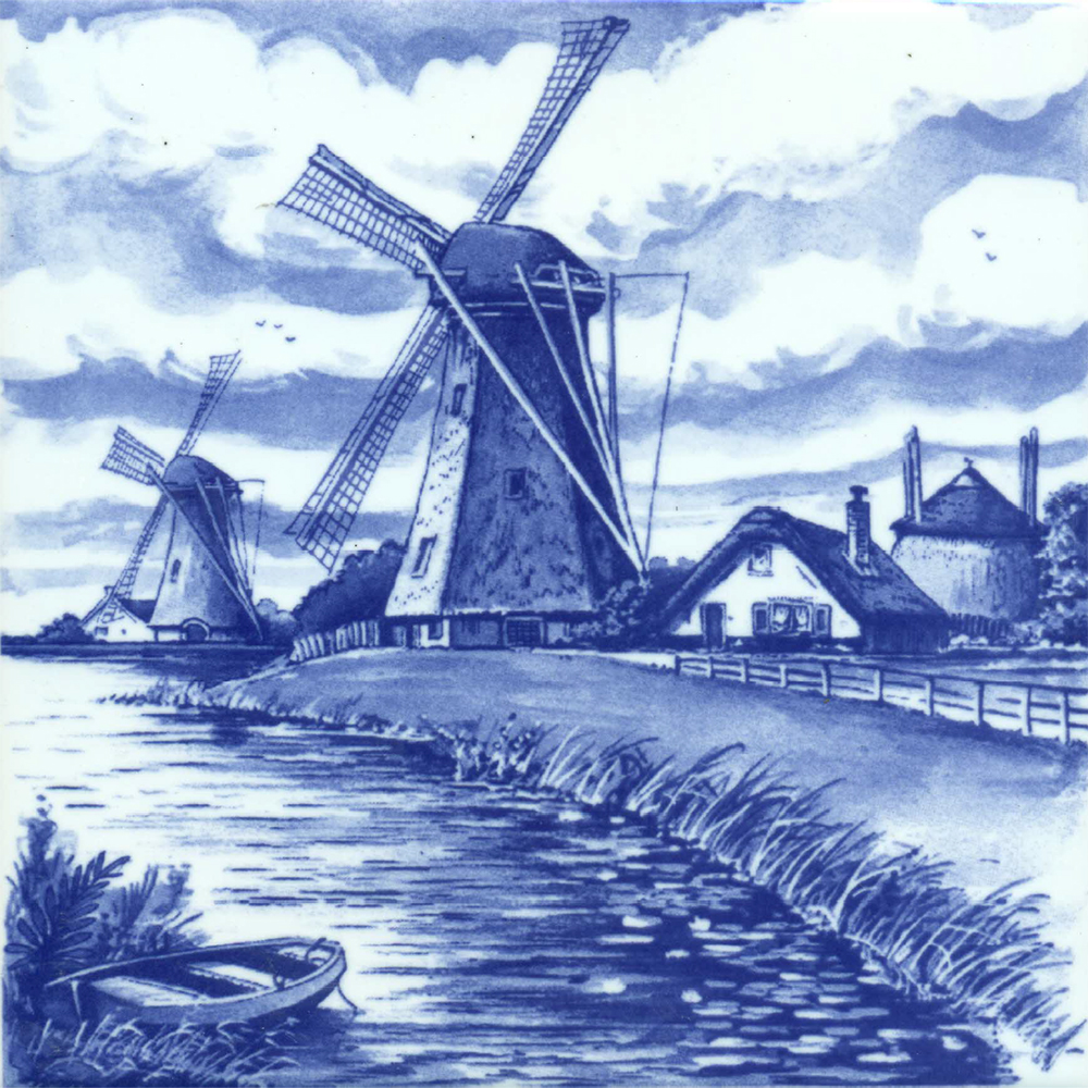 Dutch Windmill Scene Delft Blue Tile, 6