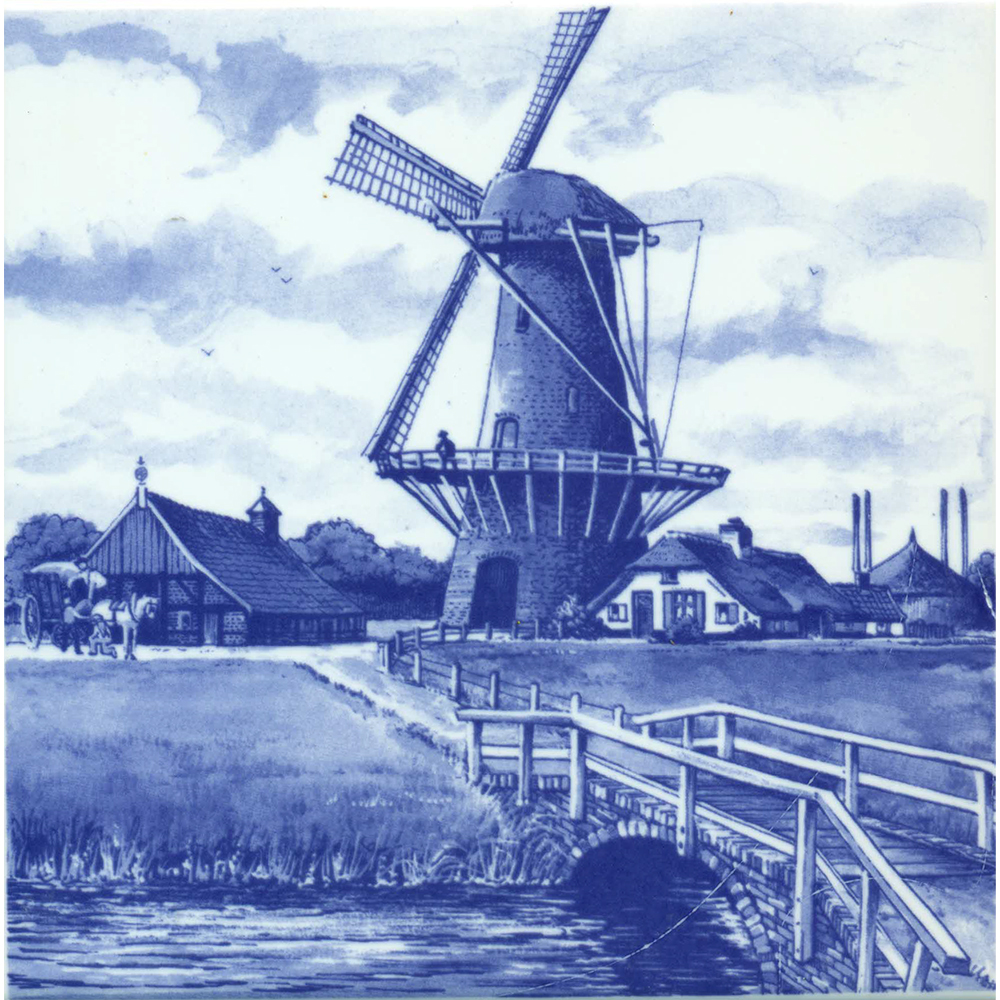 Dutch Windmill Scene Delft Blue Tile, 6