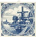 Delft Blue Tile - Dutch Windmill and Sailboat, 6