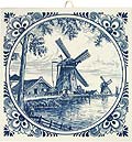 Delft Blue Tile - Dutch Windmill Scene with Drain Mills along the Bank, 6