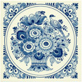 Flower with Bird, Dutch Delft Tile 6