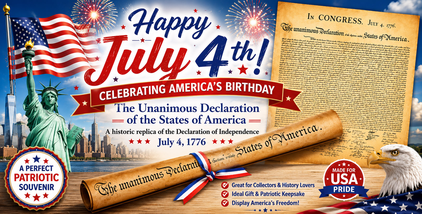 Happy July 4th banner featuring a replica of the Declaration of Independence scroll with patriotic American flag, Statue of Liberty, fireworks, and Independence Day celebration.