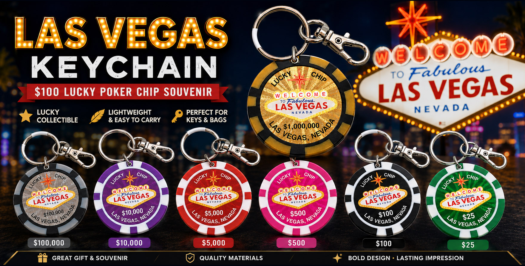 Assorted Las Vegas poker chip keychain souvenirs featuring colorful lucky casino chip designs with key rings and clasp clips against a Las Vegas neon background.