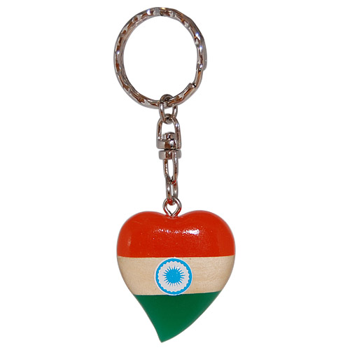 India Souvenir Key Chain - Flag of India Heart in Wood