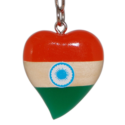 India Souvenir Key Chain - Flag of India Heart in Wood