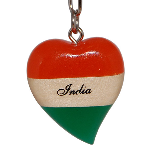 India Souvenir Key Chain - Flag of India Heart in Wood