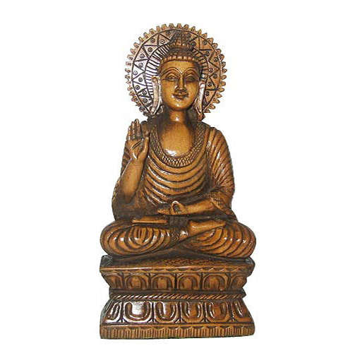 Indian Sitting Buddha Wooden Stained Statue, 8H