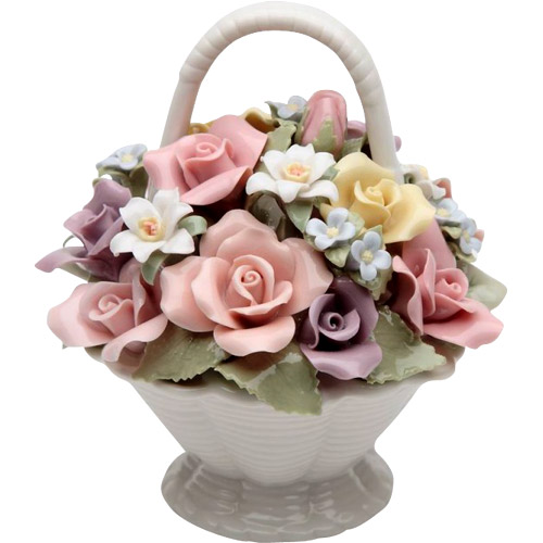 Flower Bouquet Basket, Miniature Porcelain Figurine - 4-3/4H