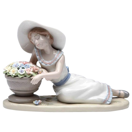 Girl with Flower Pot, Miniature Porcelain Figurine - 7-5/8L