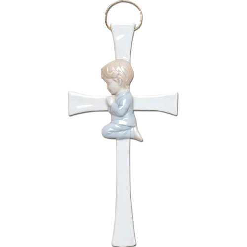 Porcelain Figurine: Cross with Praying Boy, 7.5L