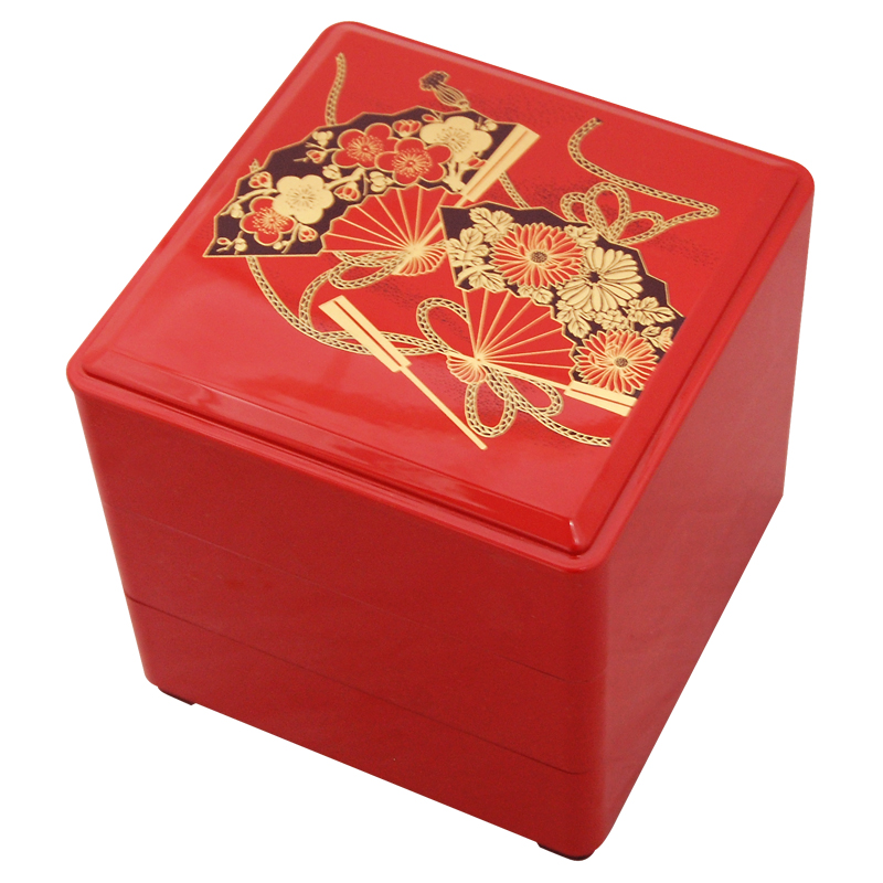 3 Tier, Red Lacquer Stack Box with Fans, 5-1/4