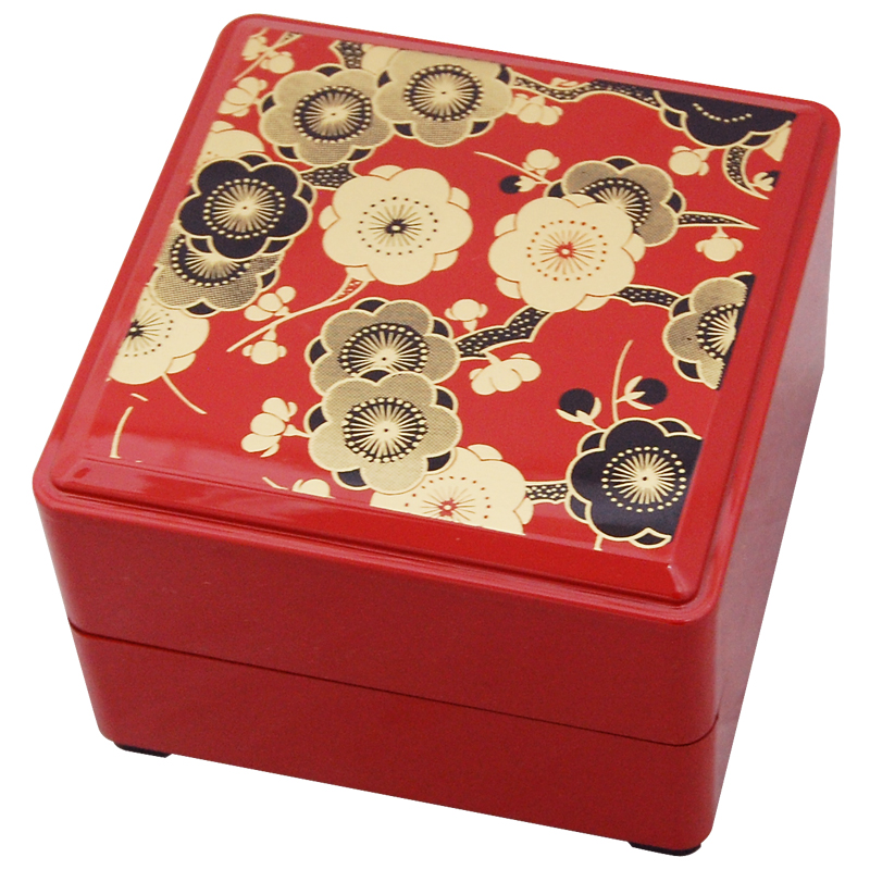2-Tier Floral Red Lacquer Box, 5-1/4SQ