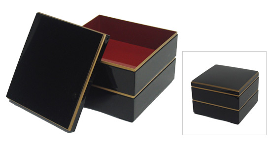 2 Tier, Black & Gold Lacquer Stack Box w/ Red Interior, 7-3/4W