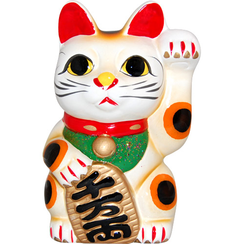 White Color, Maneki Neko Lucky Cat w/ Left Hand Raised, 6