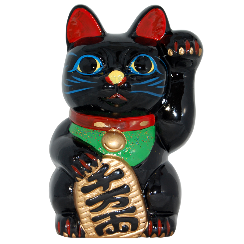 Black Color, Maneki Neko Lucky Cat w/ Left Hand Raised, 6