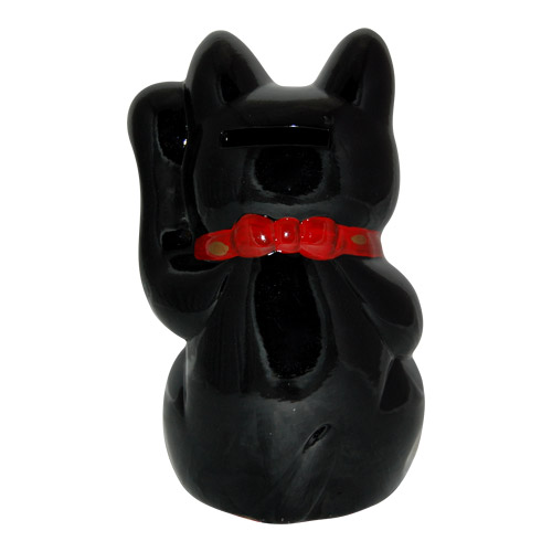 Black Color, Maneki Neko Lucky Cat w/ Left Hand Raised, 6, photo-2