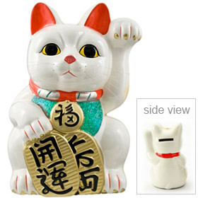 White Color, Maneki Neko Lucky Cat w/ Left Hand Raised, 15-1/2H