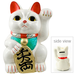 White Color, Maneki Neko Lucky Cat w/ Left Hand Raised, 18H