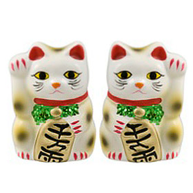 White Color, Maneki Neko Lucky Cat Pair Right/Left Hand Raised, 2-1/2