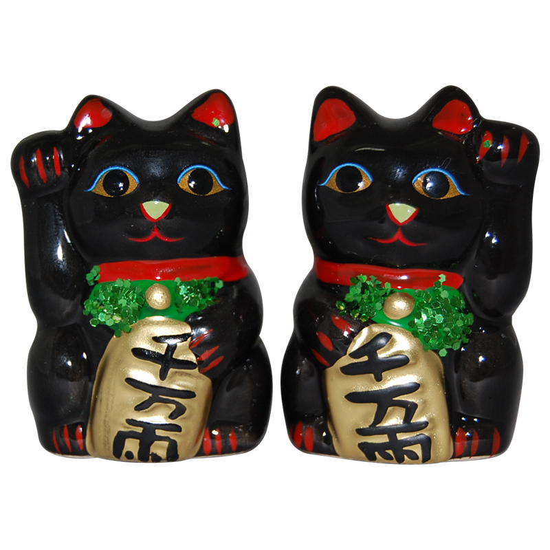 Black Color, Maneki Neko Lucky Cat Pair Right/Left Hand Raised, 2-1/2H