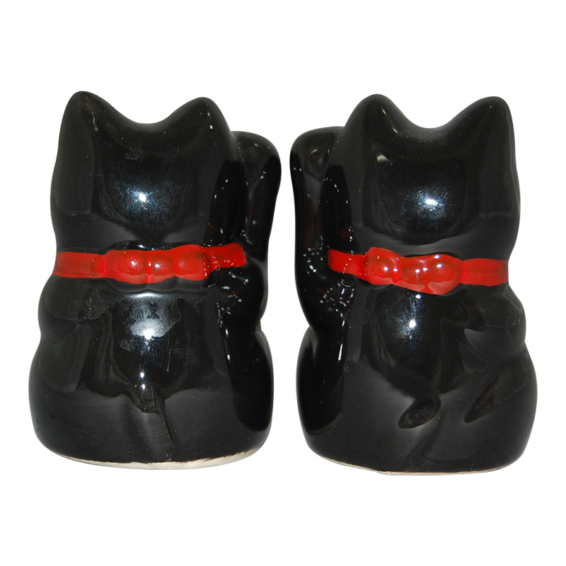 Black Color, Maneki Neko Lucky Cat Pair Right/Left Hand Raised, 2-1/2H, photo-1