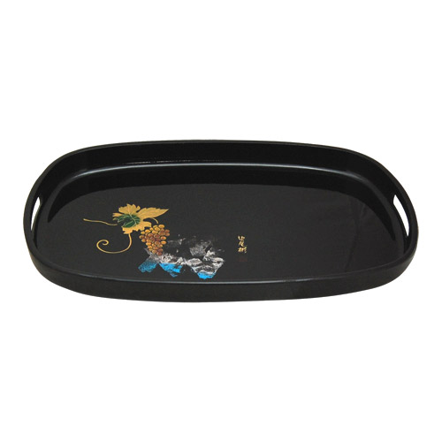 Japanese Black Lacquer Oval Tray - Grapes, 16.5L